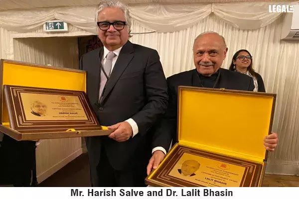 Legal luminaries Dr Lalit Bhasin and Harish Salve conferred with Lifetime Achievement Award in London