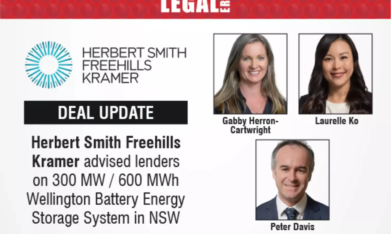 Herbert Smith Freehills Kramer Advised lenders On 300 MW / 600 MWh Wellington Battery Energy Storage System In NSW