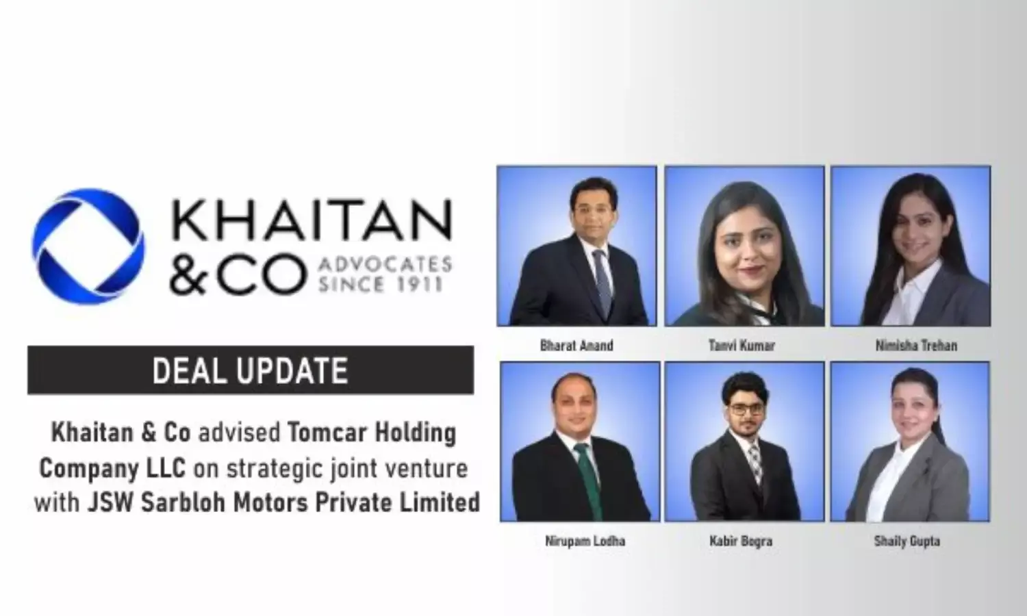 Khaitan & Co Advised Tomcar Holding Company LLC On Strategic Joint Venture With JSW Sarbloh Motors Private Limited