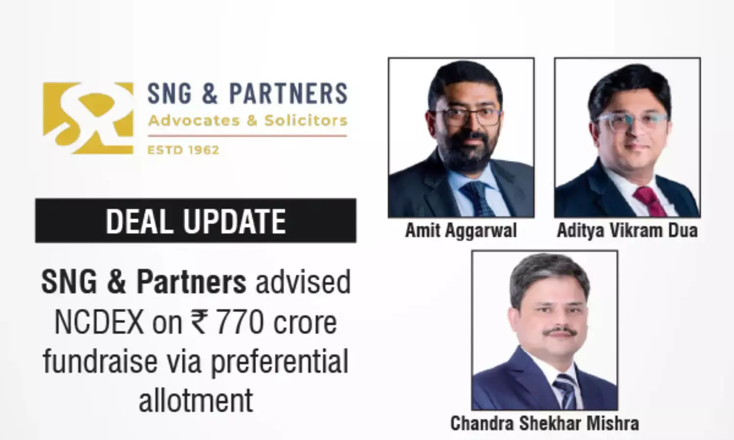 SNG & Partners Advised NCDEX On ₹770 Crore Fundraise Via Preferential Allotment
