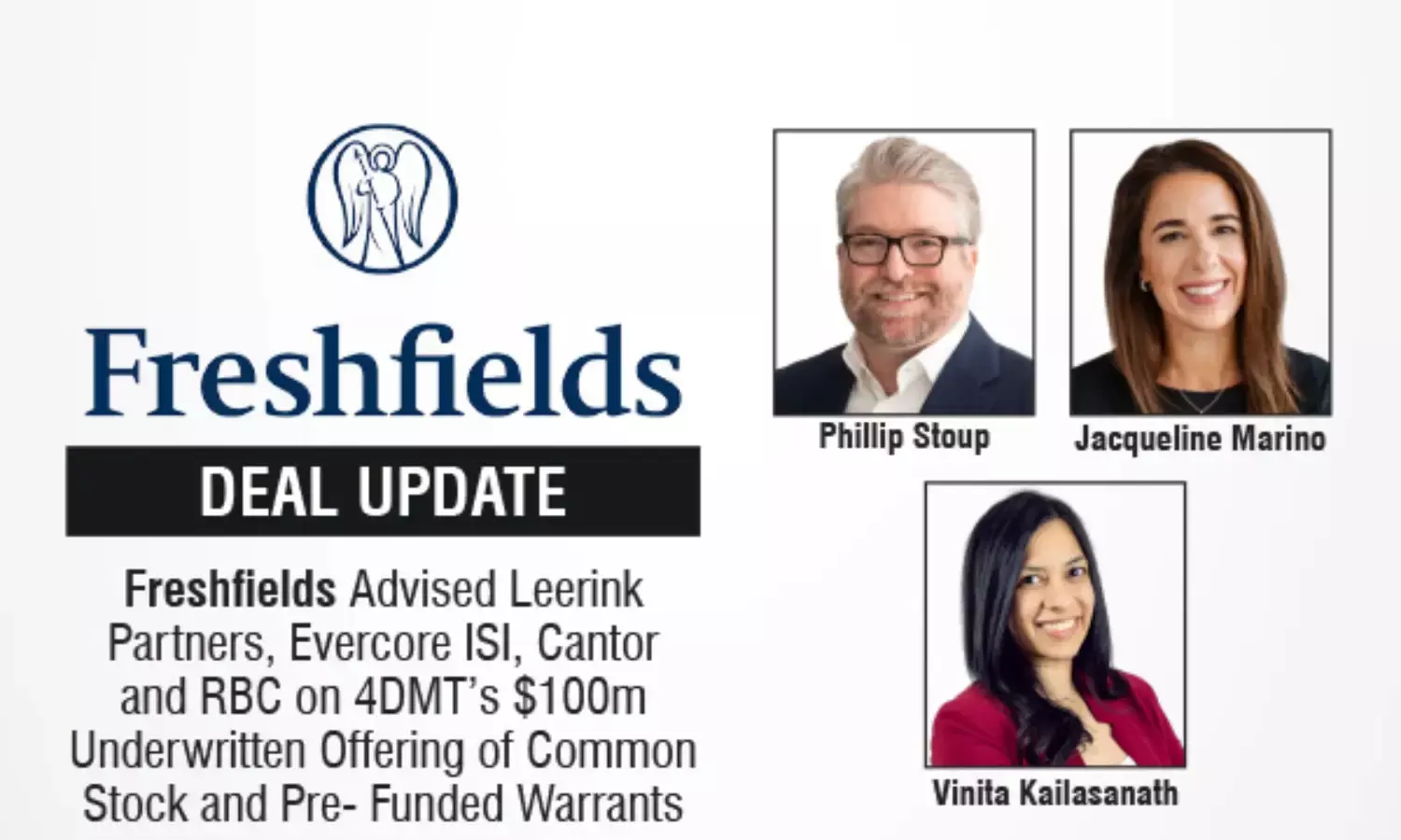 Freshfields Advised Leerink Partners, Evercore ISI, Cantor and RBC on 4DMT’s $100m Underwritten Offering of Common Stock and Pre-Funded Warrants